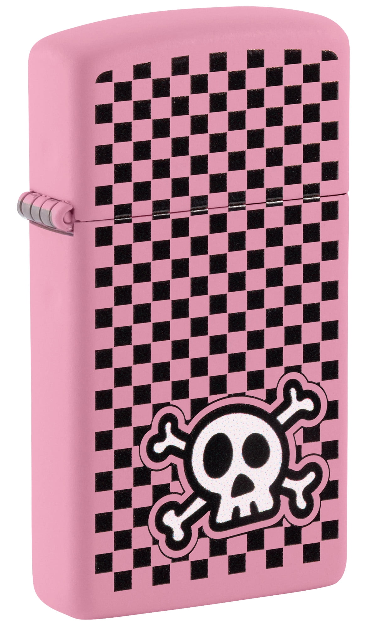 Zippo Slim Pink Matte Pocket Lighter, Checkered Skull Design