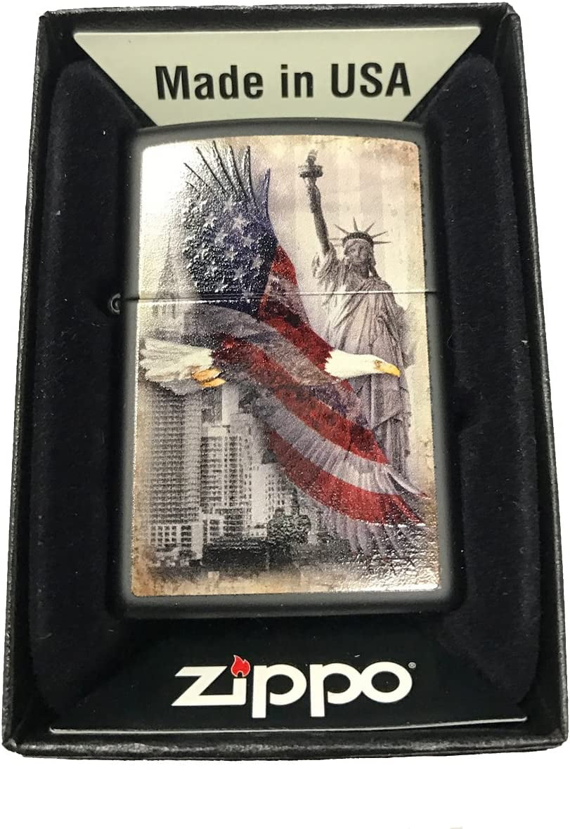 Zippo Custom Lighter USA Eagle & Statue of Liberty Black Matte