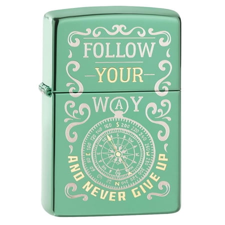 Zippo Follow Your Way Compass Design High Polish Green Pocket Lighter
