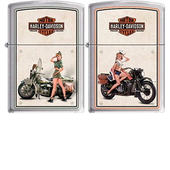 Zippo Harley Davidson Vintage WWII Military Pin Up Girls Lighter Set with Brushed Chrome Finish