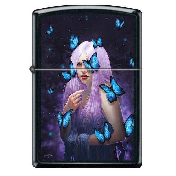 Zippo Lighter Blue Butterfly Lady Black Matte Finish