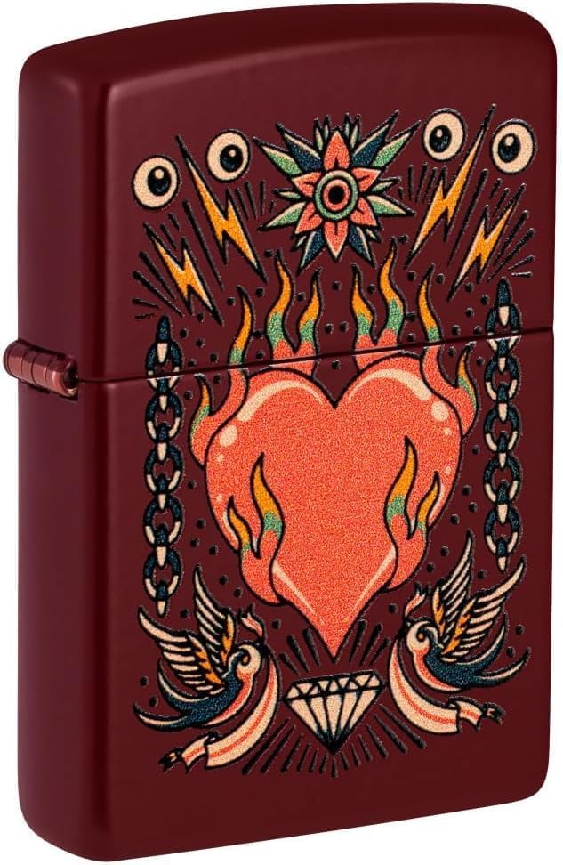 Zippo Lighter - Customized Message on Tattoo Heart Merlot Pocket Lighter 46584