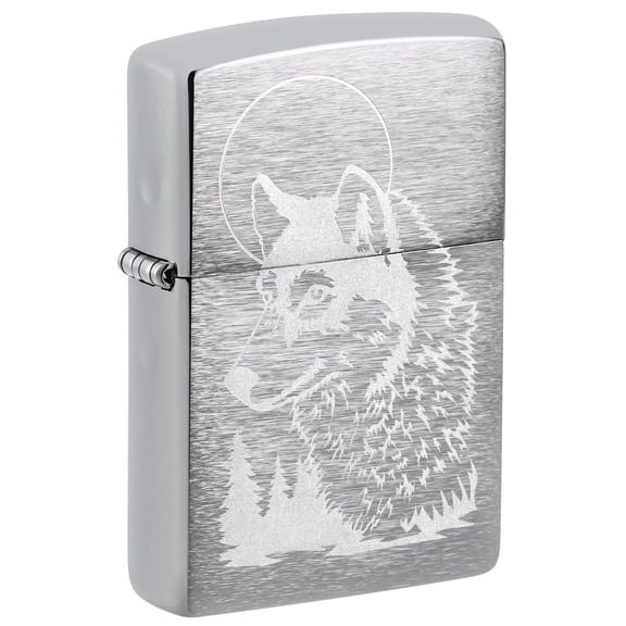 Zippo Lighter: Engraved Wolf with Moon - Brushed Chrome 81695
