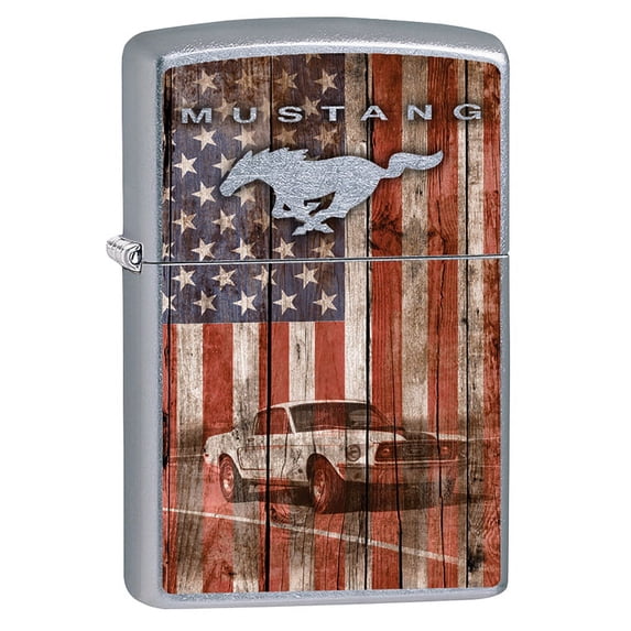 Zippo Lighter: Ford Mustang and American Flag - Street Chrome 79623