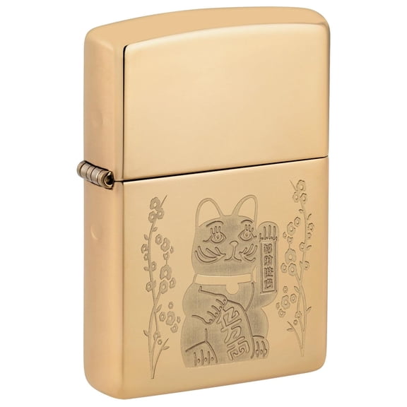 Zippo Lighter: Lucky Cat, Engraved - High Polish Brass 81707