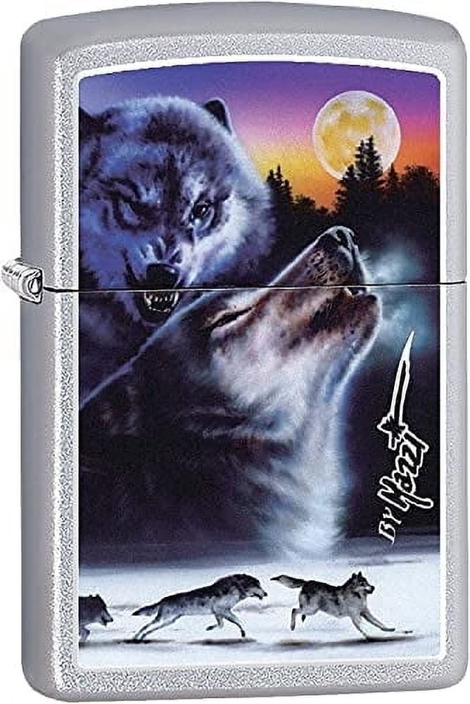 Zippo Lighter- Moon Howling Wolf Forest Satin Chrome Windproof Lighter #Z503
