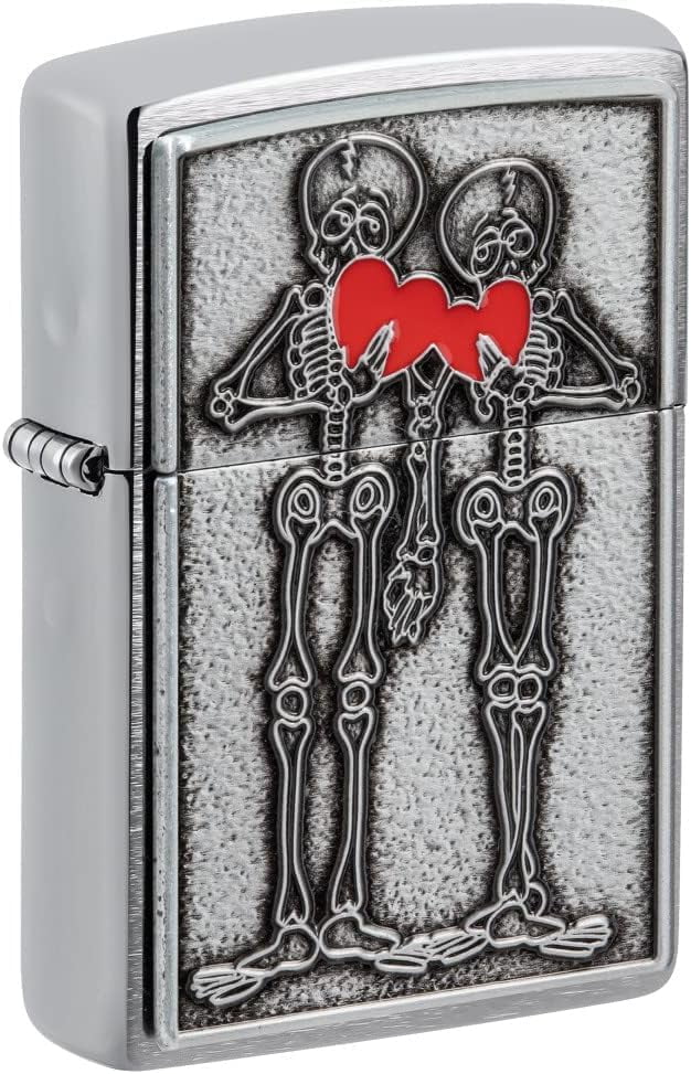 Zippo Lighter - Personalized Custom Message Engrave on Backside Skeleton Couple Emblem - Brushed Chrome 48688