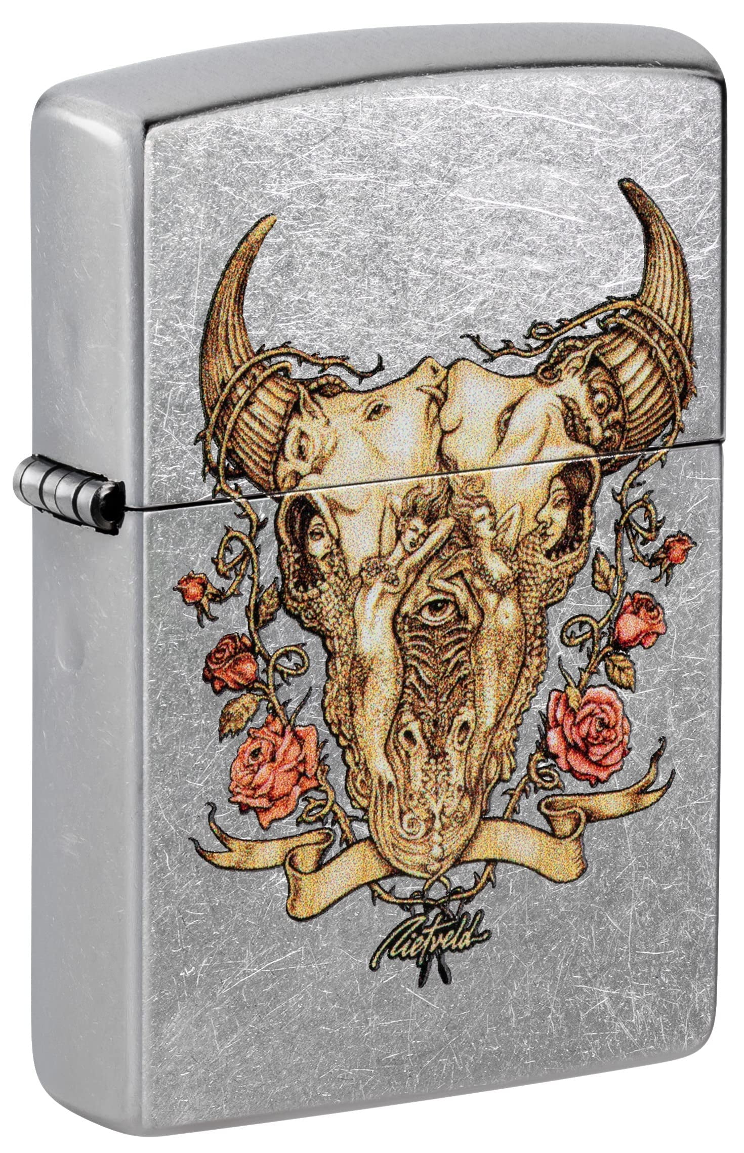 Zippo Lighter-Personalized Custom Message Engraved on Backside Bull Longhorn and Feathers Windproof Lighter Rietveld Floral Bull Skull #48559