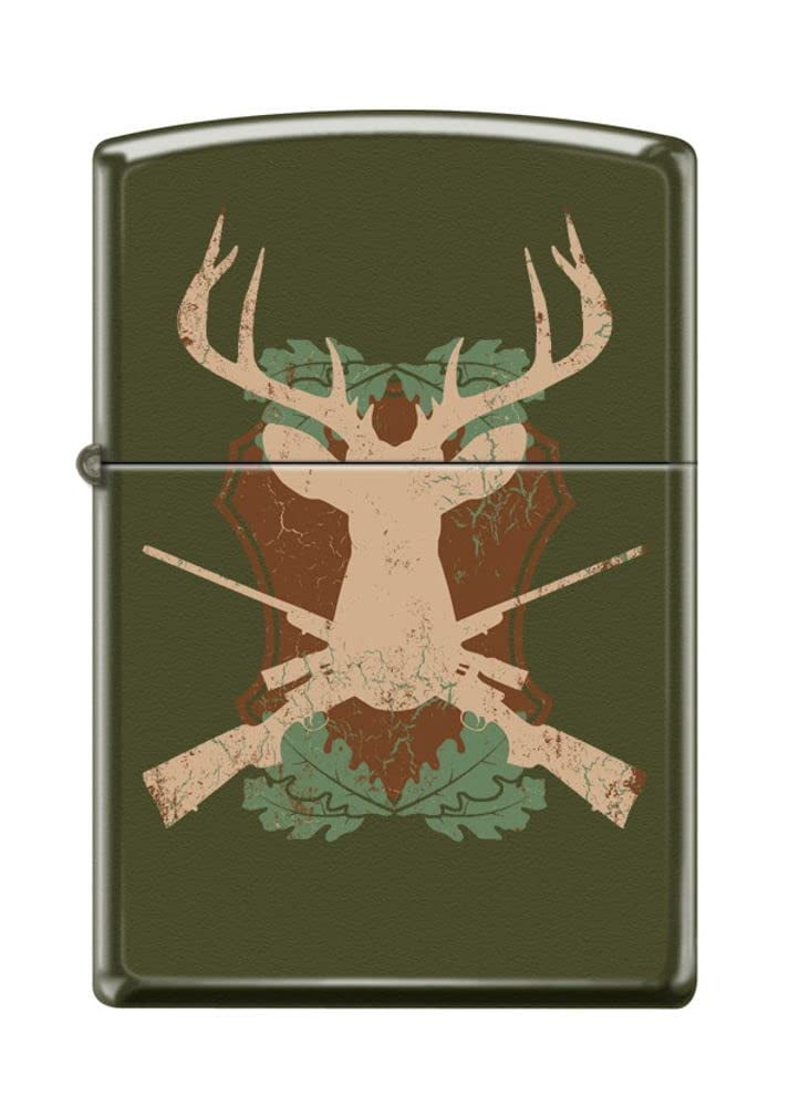 Zippo Lighter - Personalized Custom Message Engraved on Backside for Deer and Guns Hunting Green Matte #Z5230