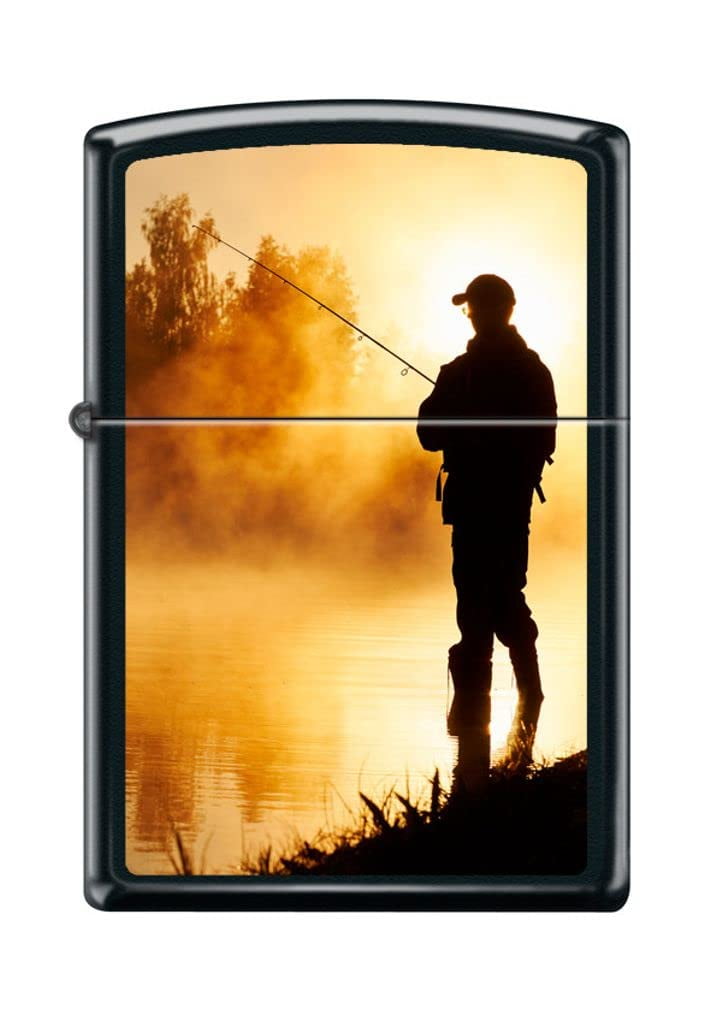Zippo Lighter - Personalized Custom Message Engraved on Backside for Foggy Fisherman Poles Sunset Black Matte #Z5232