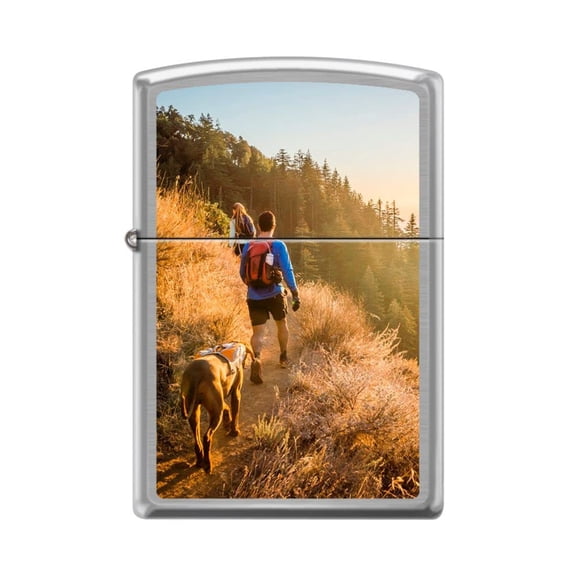 Zippo Lighter - Personalized Custom Message Engraved on Backside for Hiking Trailing Camping Tent Design (Hiking with Dog Z5190)