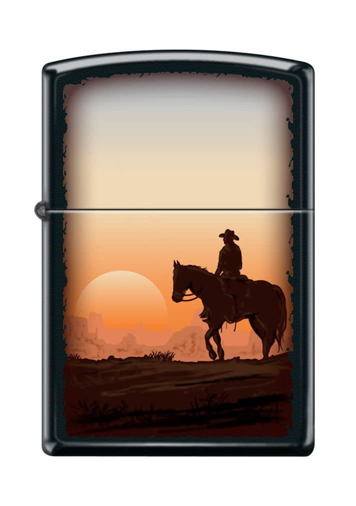 Zippo Lighter - Personalized Custom Message Engraved on Backside for Horse Cowboy Sunset Black Matte #Z5082