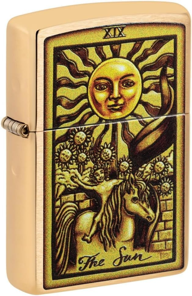 Zippo Lighter - Personalized Custom Message Engraved on Backside for Tarot Card XIX, The Sun Brushed Brass Windproof Pocket Lighter 48758