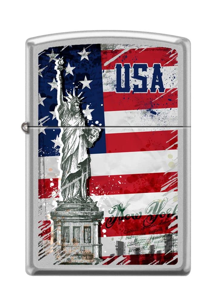 Zippo Lighter - Personalized Custom Message Engraved on Backside for USA Statue Liberty Flag New York Satin Chrome #Z5159
