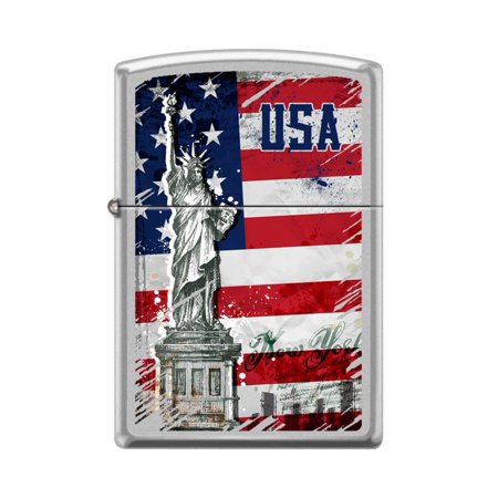Zippo Lighter - Personalized Custom Message Engraved on Backside for USA Statue Liberty Flag New York Satin Chrome #Z5159
