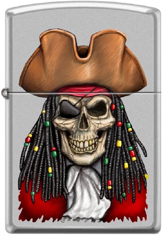Zippo Lighter -Personalized Customize Message Engrave on Backside Pirate Skull Rasta Dreadlocks Captain Satin Chrome Windproof Lighter #Z5547