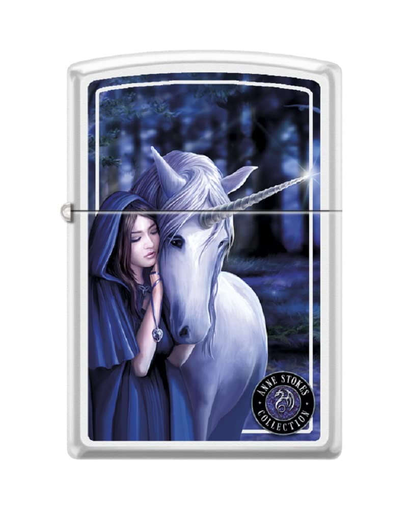 Zippo Lighter -Personalized Customize Message Engrave on Backside for Anne Stokes Unicorn Horned Horses White Matte #Z5329