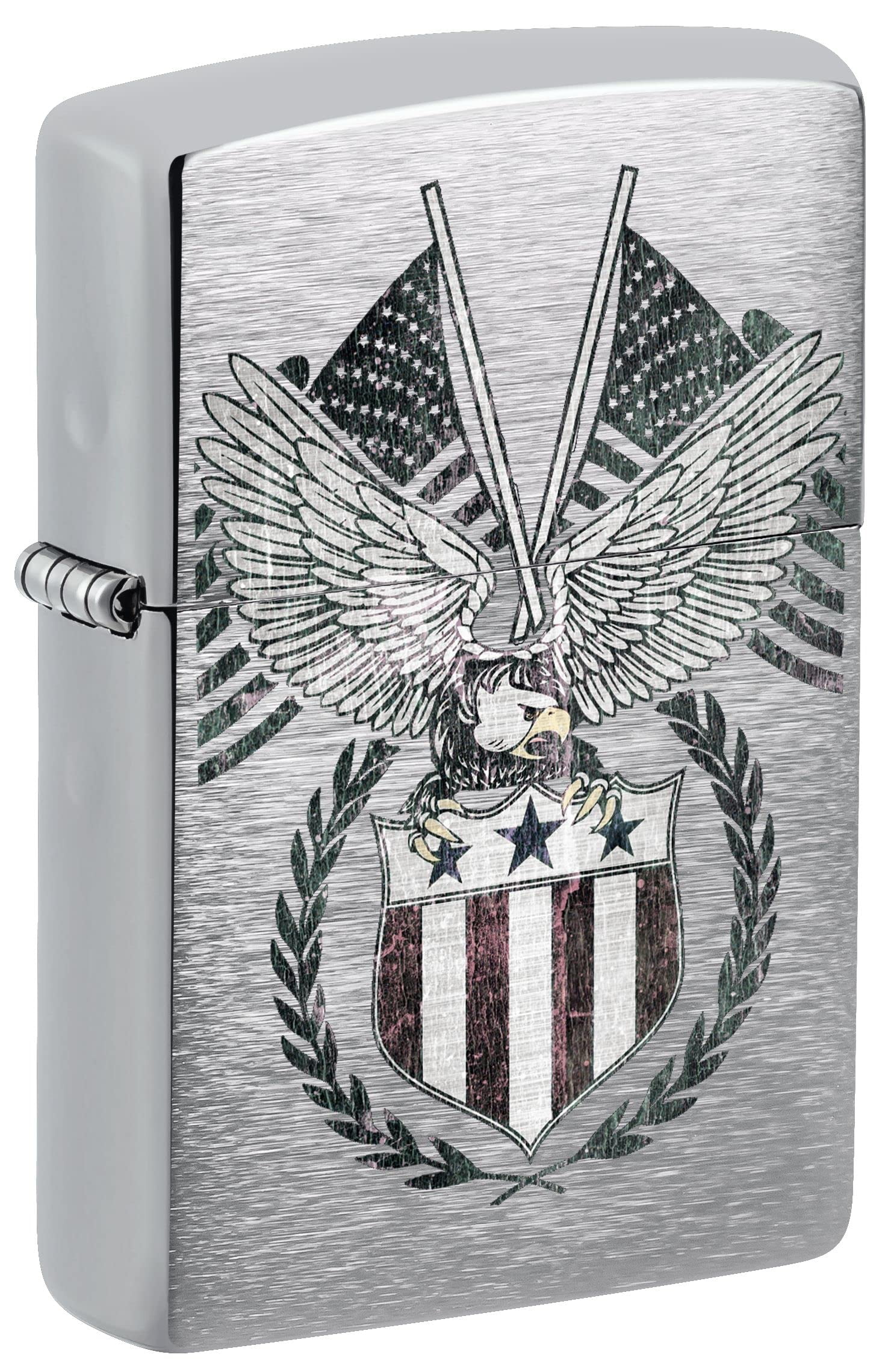 Zippo Lighter - Personalized Message Engraved on Backside Americana Eagle Prey USA Flag Patriotic (Brushed Chrome #Z5055)