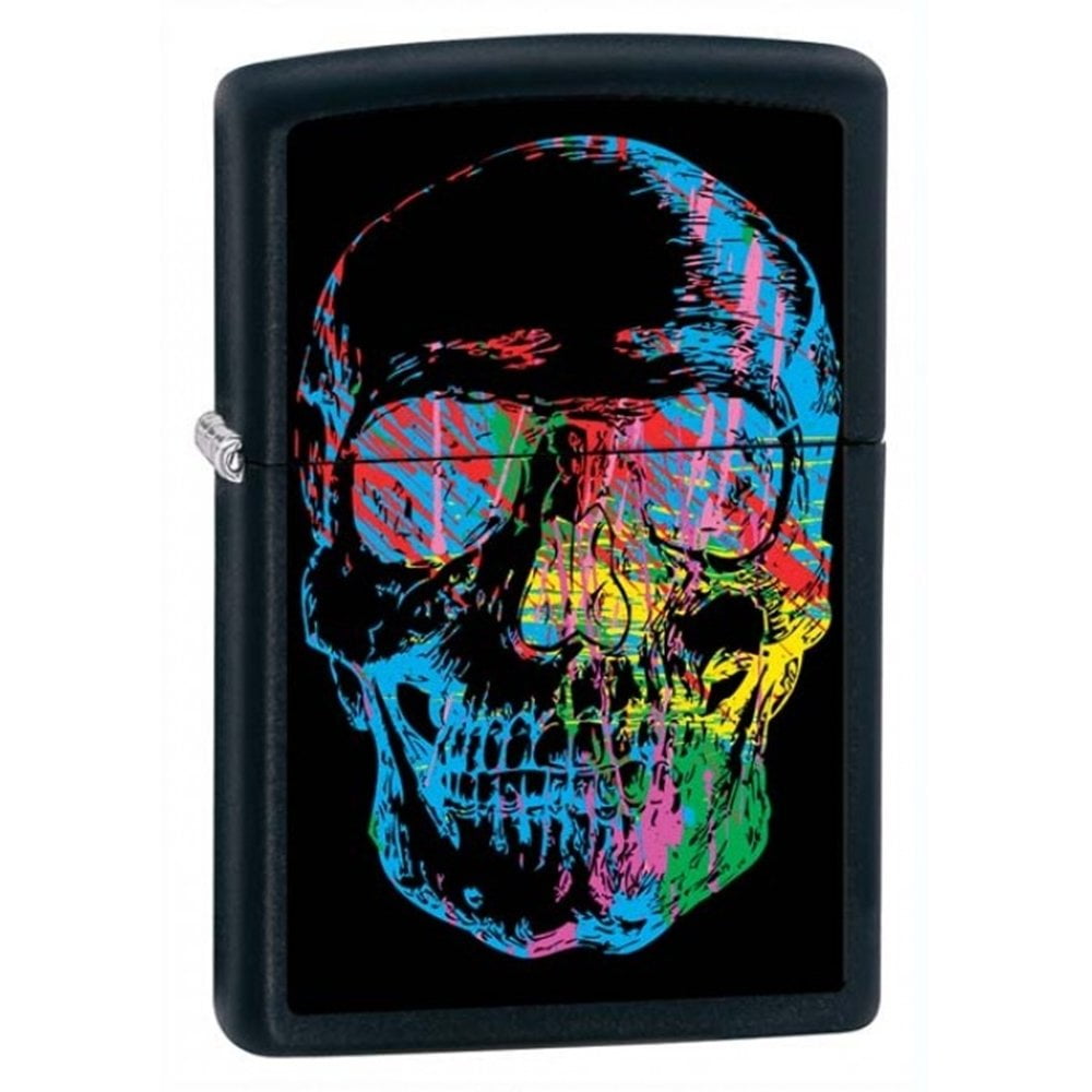 Zippo Lighter - Personalized Message Engraved on Backside Black Matte Colorful Skull #28042