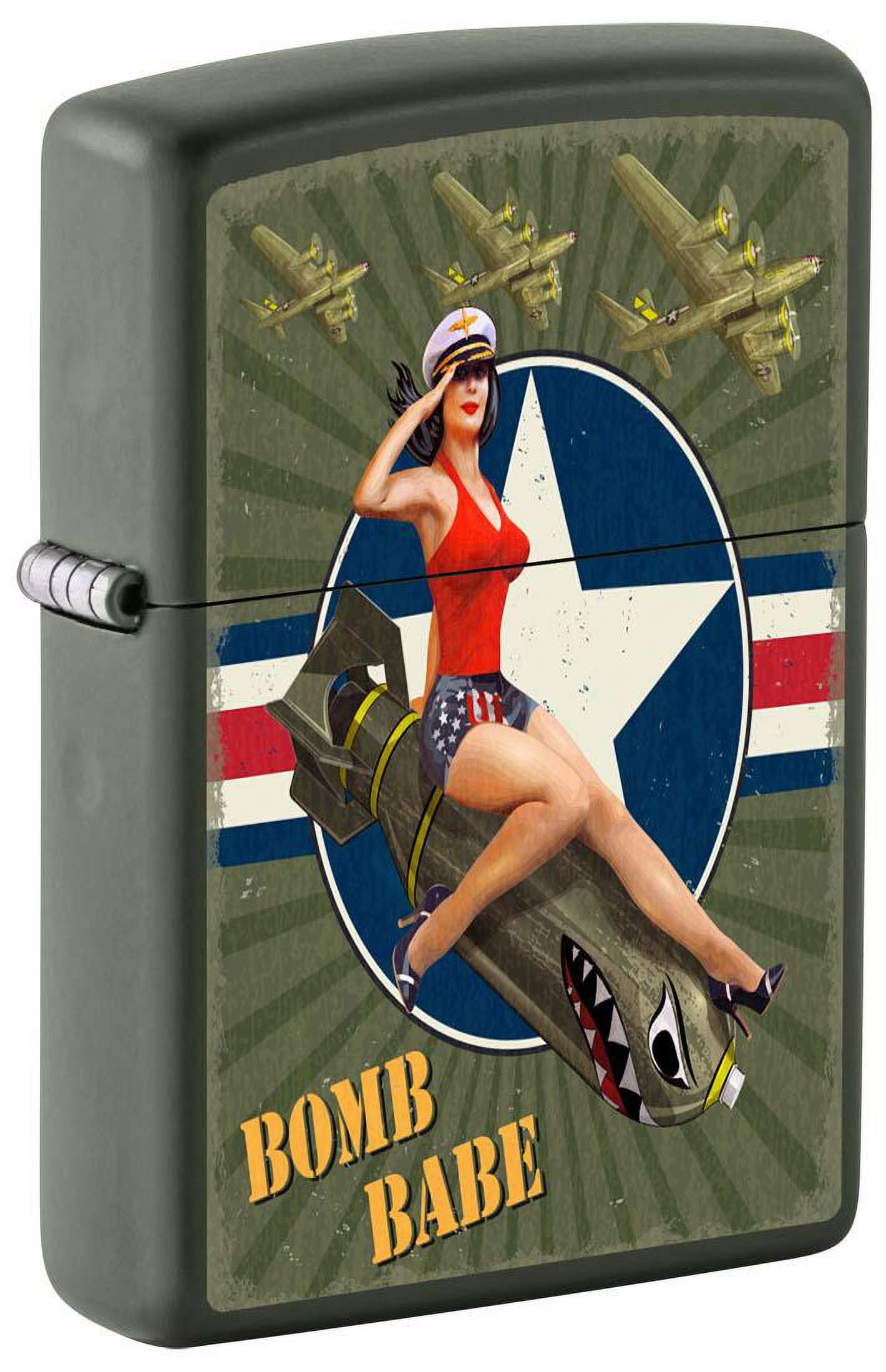 Zippo Green Matte Lighter – Pin-Up Girl 'Bomb Babe' Windproof & Refillable