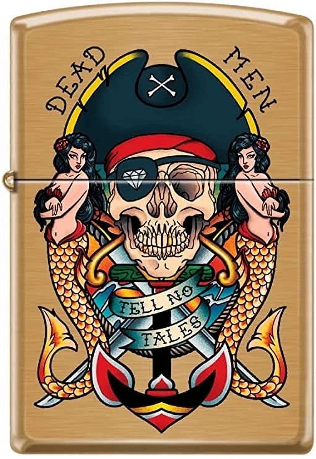Zippo Lighter- Pirate Logo Skull Mermaids Brushed Brass Windproof Lighter #Z5276