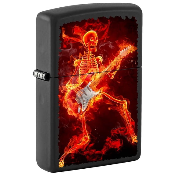 Zippo Lighter: Skeleton on Fire with Guitar - Black Matte 81364