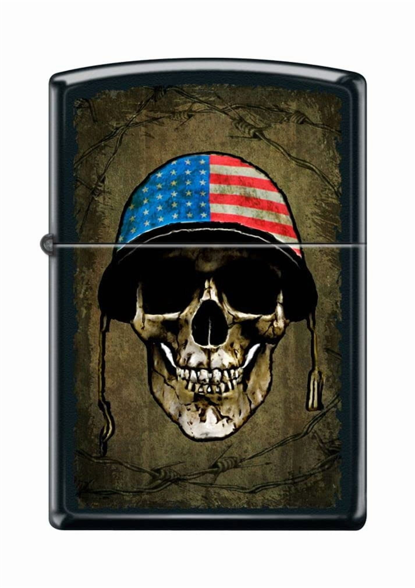 Zippo Lighter - Personalized Custom Message Engraved on Backside for Skull with Helmet Soldier Black Matte #Z5050