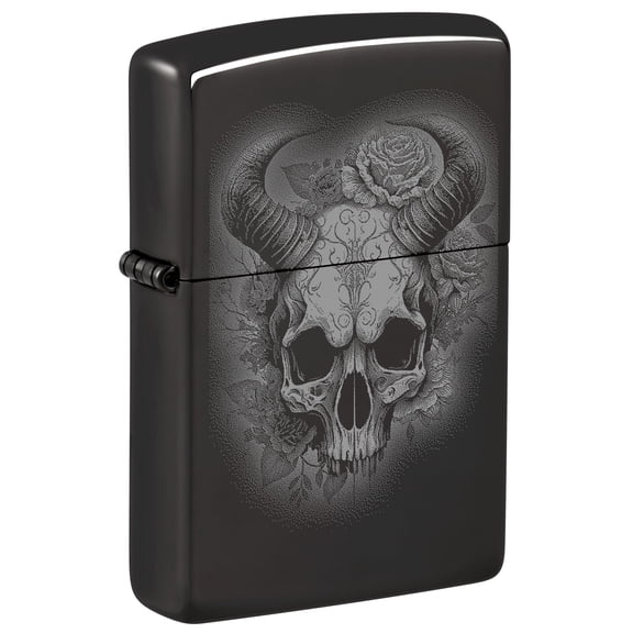 Zippo Lighter: Skull with Horns, Photo Image - High Polish Black 46107