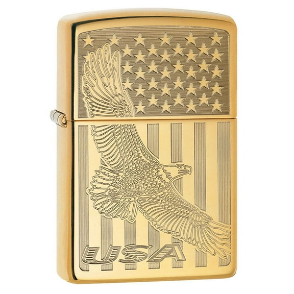 Zippo Lighter: USA Flying Eagle and Flag, Engraved - High Polish Brass 80744