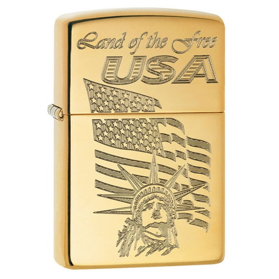 Zippo Lighter: USA Land of the Free, Engraved - High Polish Brass 80681