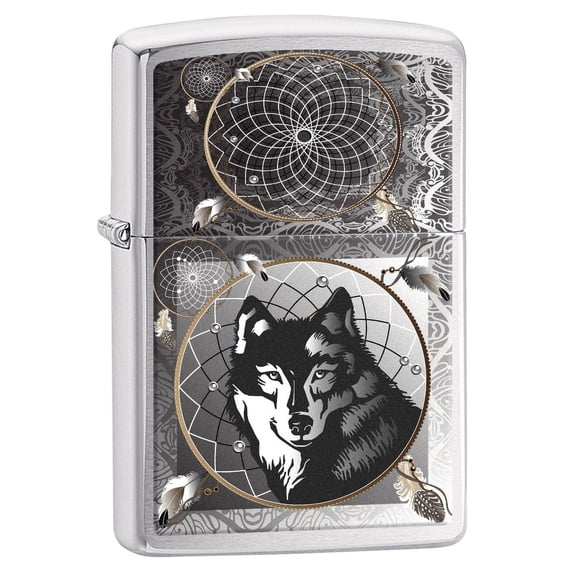 Zippo Lighter: Wolf Dreamcatcher - Brushed Chrome