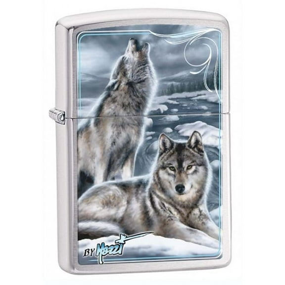 Zippo Mazzi Wolves Pocket Lighter, Brushed Chrome