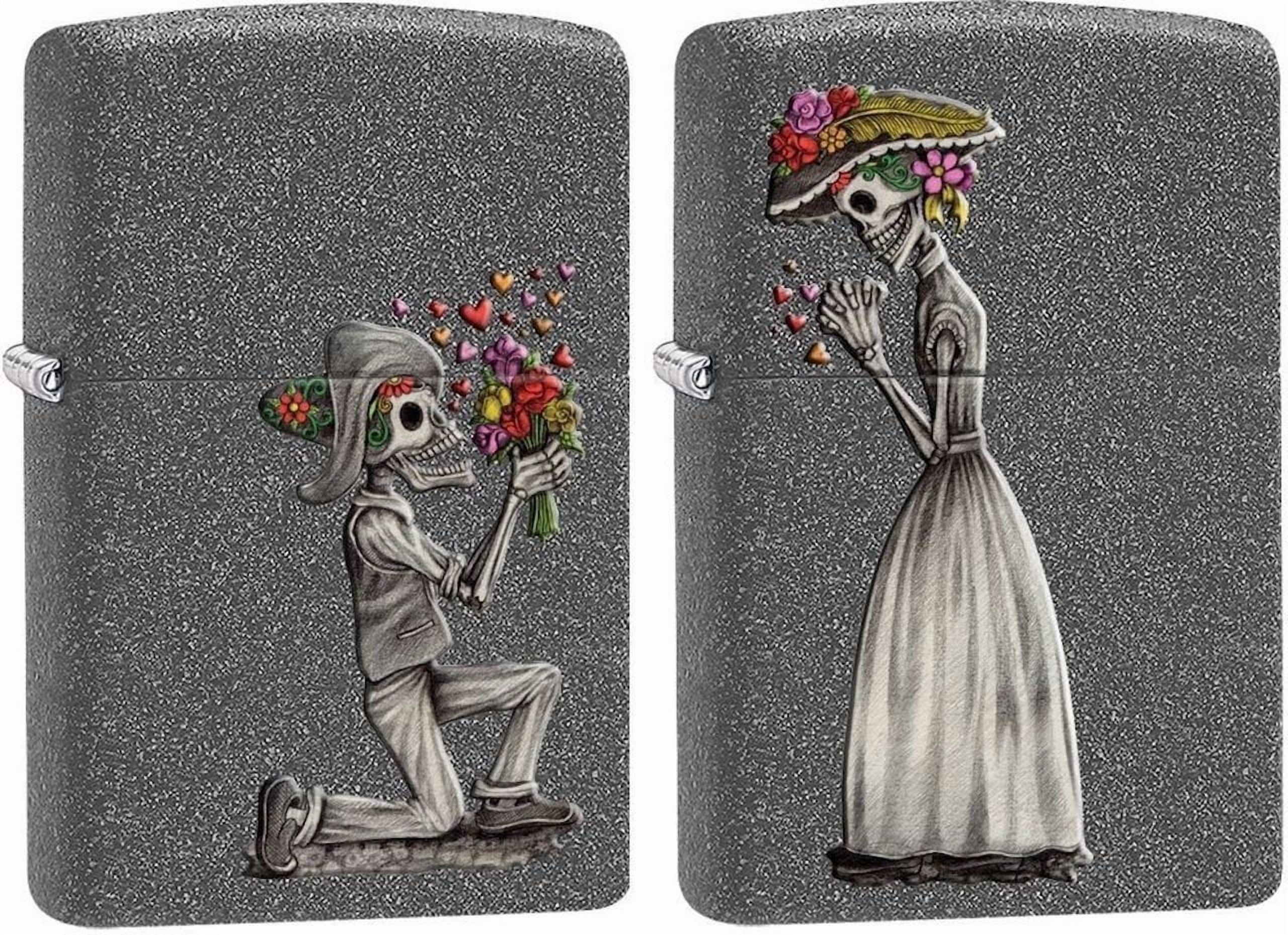Zippo Personalized Message Engraved on Backside Iron Stone Wedding Couple Dead Skulls Set #28987