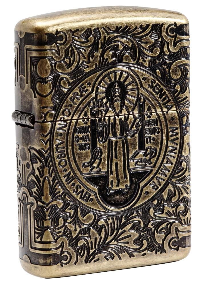 Zippo Armor Antique Brass Engraved St Benedict Pocket Lighter with