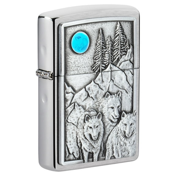 Zippo Wolf Pack and Moon Emblem Brushed Chrome Pocket Lighter