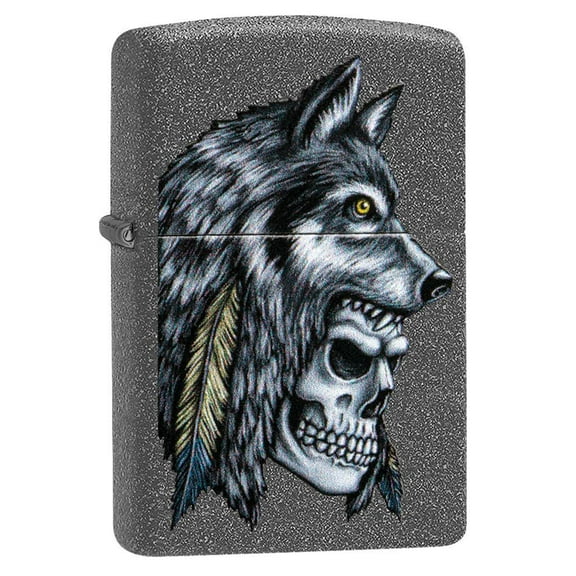 Zippo Wolf Skull Feather Design Iron Stone Pocket Lighter