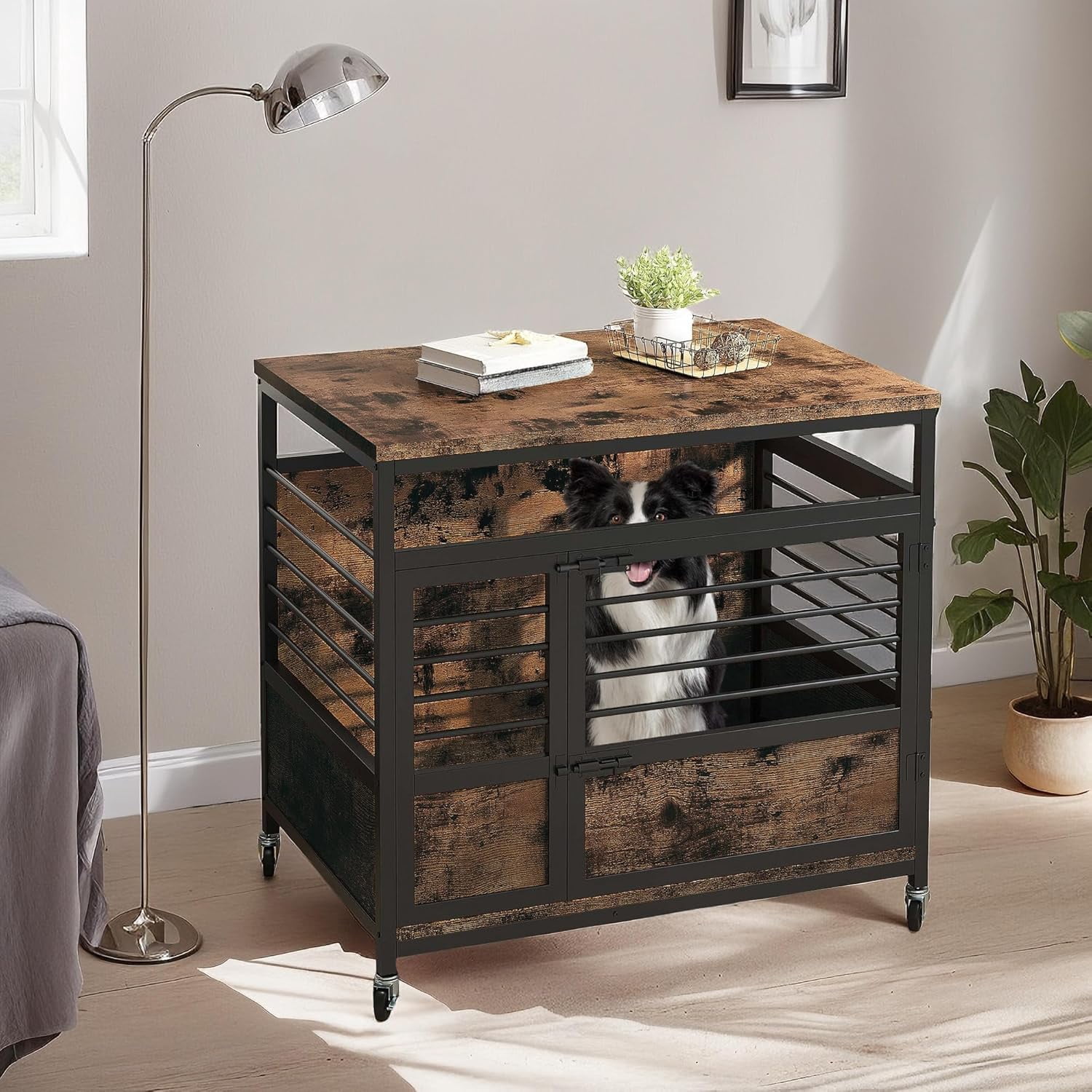 Image result for ZippyCart 39" Dog Crate Furniture with Wheels, Farmhouse Decorative Wood Dog Cage End Table Chew ...