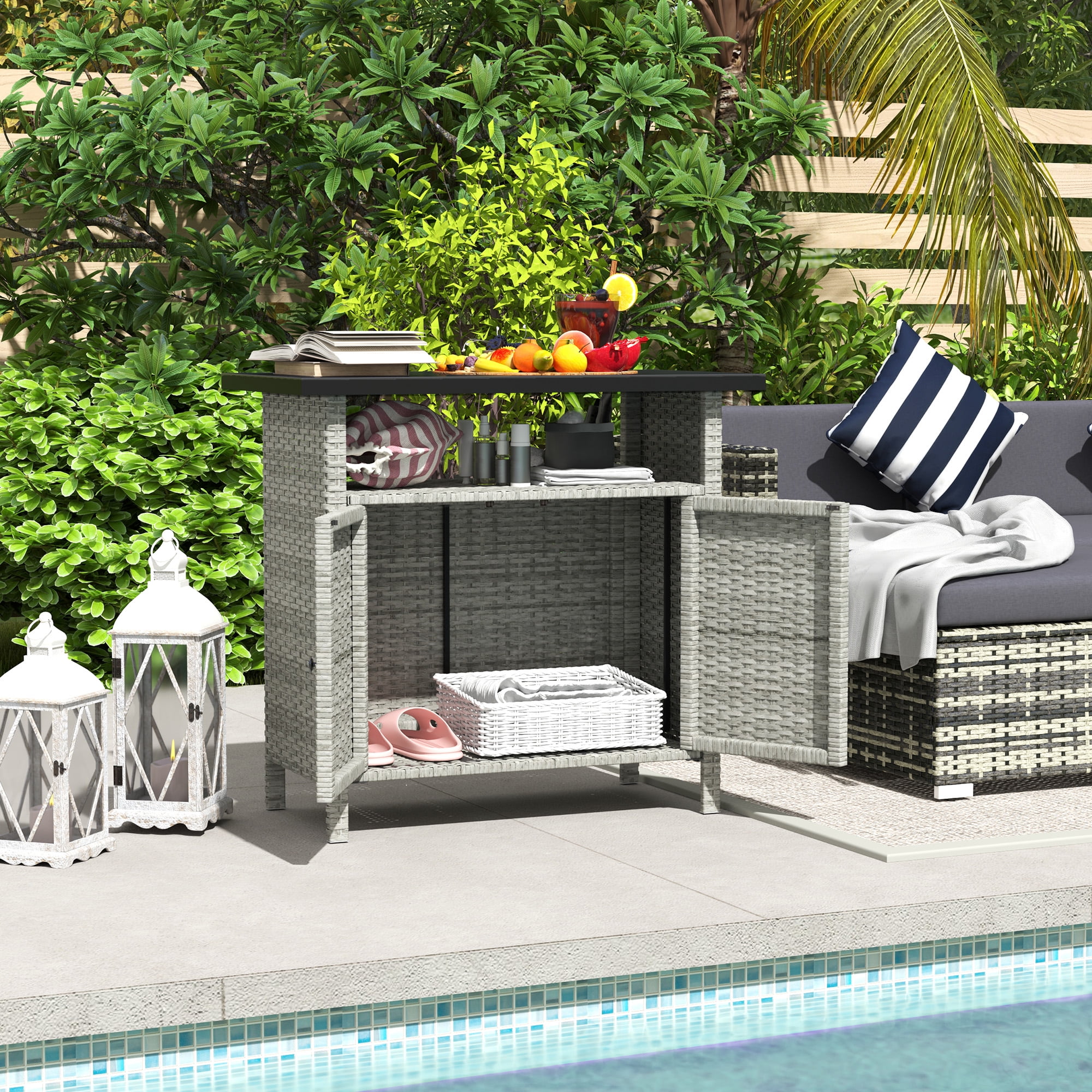 ZippyCart Outdoor Storage Cabinet, Rattan Outdoor Bar Table with 2 ...