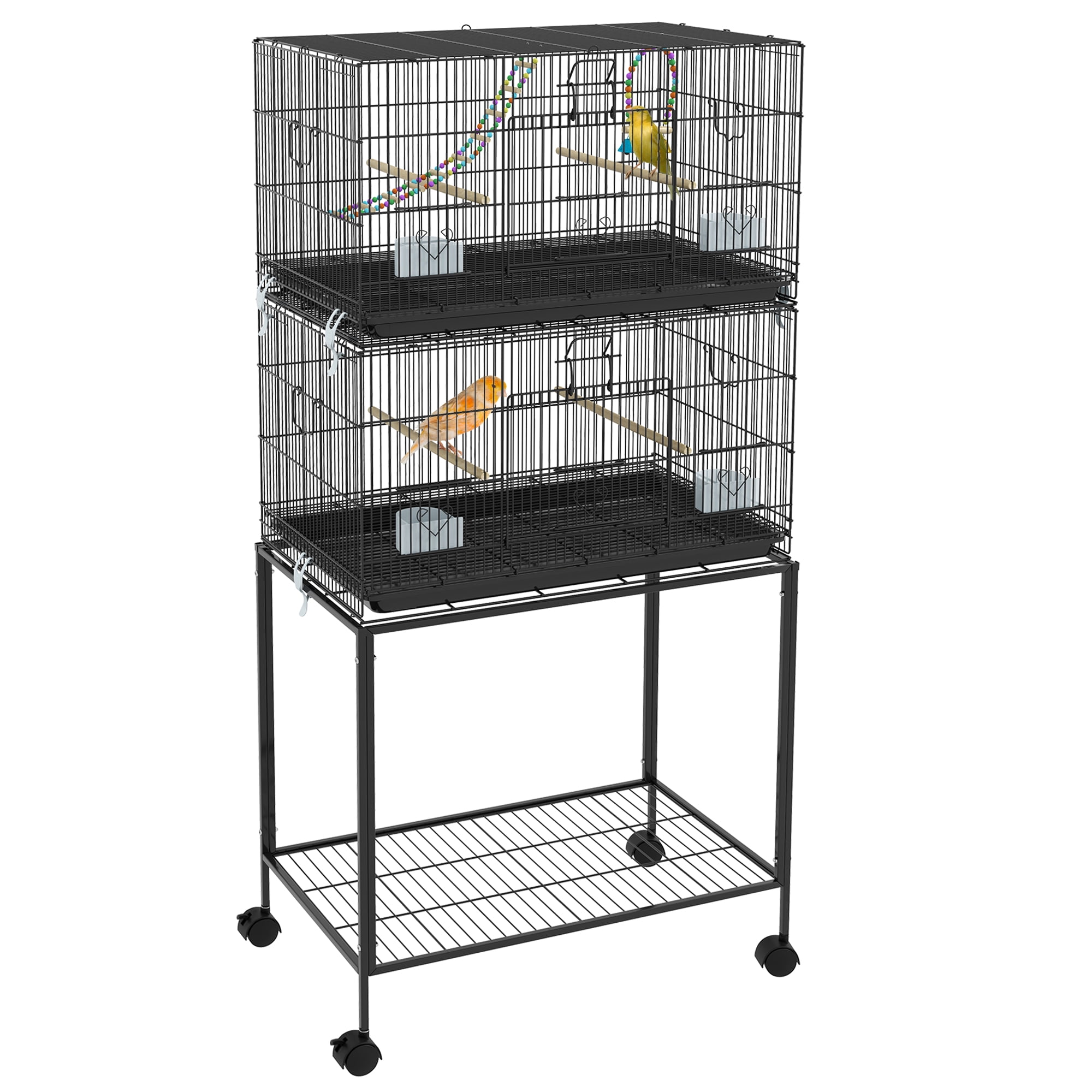 ZippyPaws 64.5“H Large Rolling Metal Bird Cage with Playtop,4 Perches and 4 Feeders for Budgies, Canaries,Black