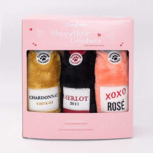ZippyPaws Happy Hour Crusherz, Crunchy Dog Toy with Water Bottle - Wine Three Pack - Chardonnay, Merlot, XOXO Rosé