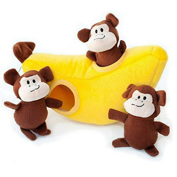 ZippyPaws - Zoo Friends Burrow, Interactive Squeaky Hide and Seek Plush Dog Toy - Monkey ?n Banana