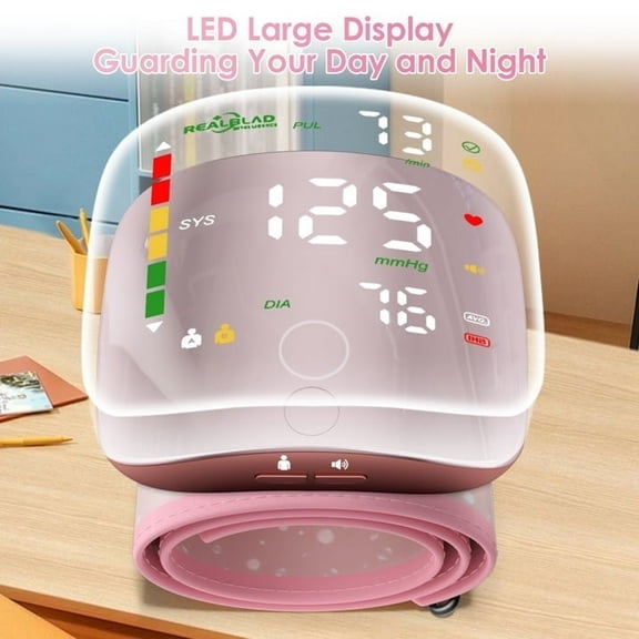 Rechargeable Wrist Blood Pressure Monitor - Large LED Screen, 2 Users & 198 Memory Sets, One-Button Voice On/Off, Portable BP Cuff for Home Use (Pink)