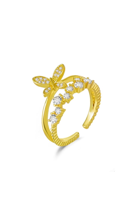 Womens Butterfly Ring Exquisite Alloy Ring with Micro-Encrusted Zircon Animal Zodiac Fairy Ring Fashion Jewelry Gift for Her Light Gold and White