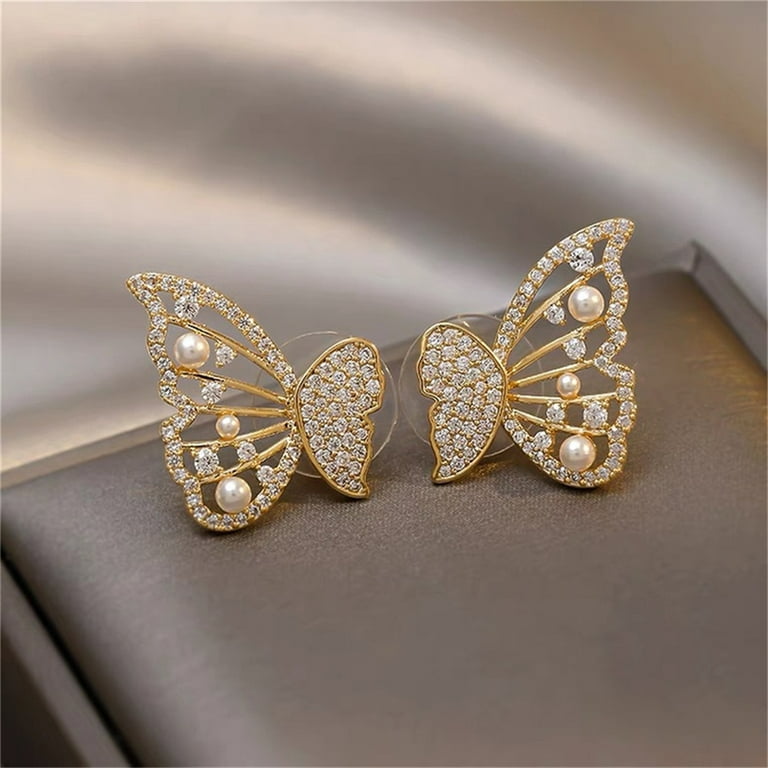 Girls Jewelry - 14K Yellow Gold Butterfly White CZ Screw Back Earrings