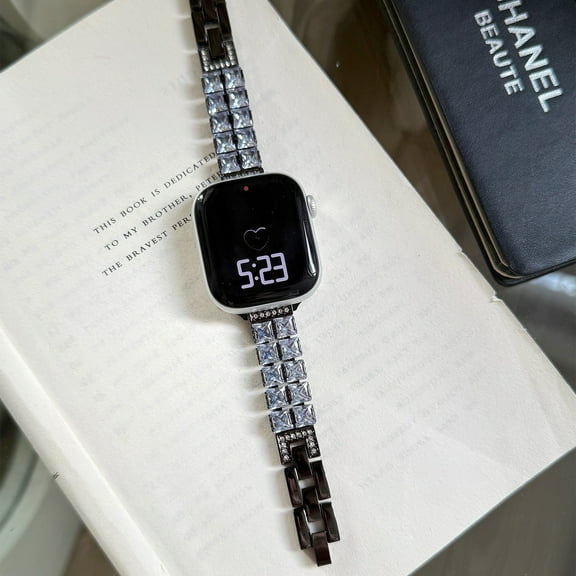 Zircon Copper Metal Watch Band Compatible with Apple Watch 42(Series 1/2/3)/44/45/46/49mm, Jewelry Replacement Sparkly Diamond Thin Strap for iWatch Series 10/9/8/7/6/5/4/3/2/1/SE/Ultra, Black