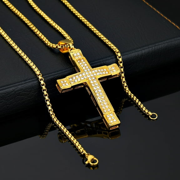 Zircon Cross 14K Yellow Gold Pendant Necklace Pave Cross Chain For Women Dainty Religious Jewelry Gift For Man