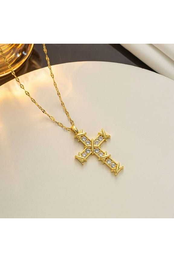 Zircon Cross Pendant Necklace for Women 14K Yellow Gold Collar Neckalces Trend Goth Party Wedding Jewelry Gifts