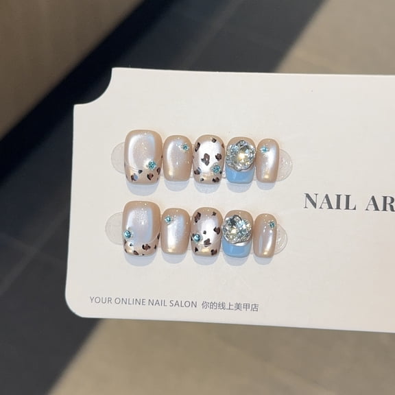 Zircon Diamond French [Moran Leopard] Leopard Print Pure Handmade Wear Nail Autumn and Winter Short Nail Patch False Nail Patch