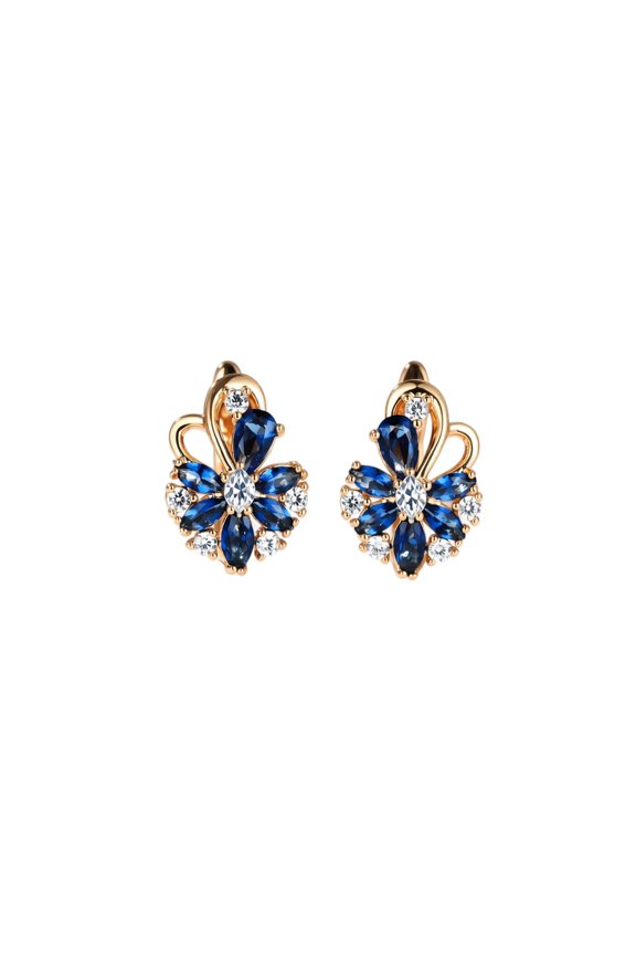 Zircon Flower Earrings for Women, Champagne Gold Plated Earrings Dangle Drop, Floral Design Blue Zircon, Trendy Jewelry Gift Blue