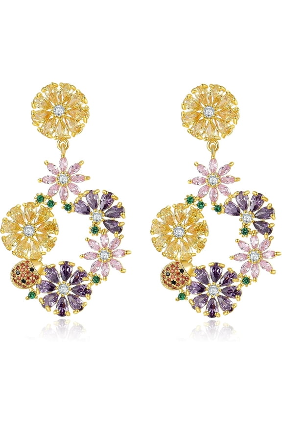 Zircon Gemstone Drop Dangle Earrings, Rhinestone Cluster Earrings Luxury Bridal Flower Fashion accessories, 18K Gold Plated 925 Sterling Silver Posts Sparkly Evening Dressy Earrings